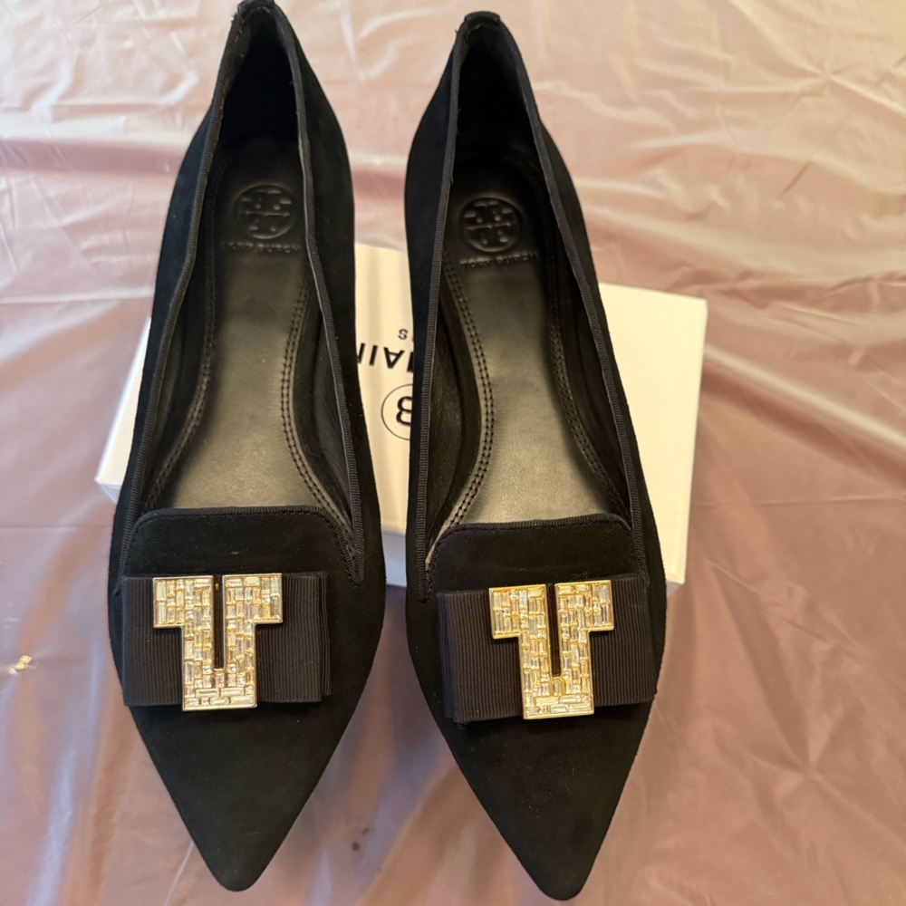 NWOT Tory Burch Black Suede Loafer Flats Bow Jewel T Size 9 MSRP $525 Dustbag - Picture 12 of 16